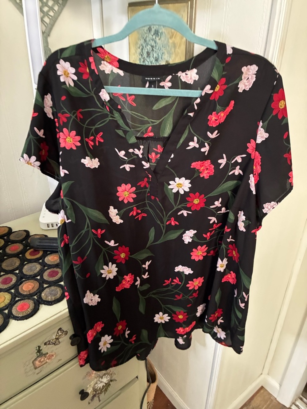 torrid Black Floral V-Neck Blouse with Pink & Red Flowers